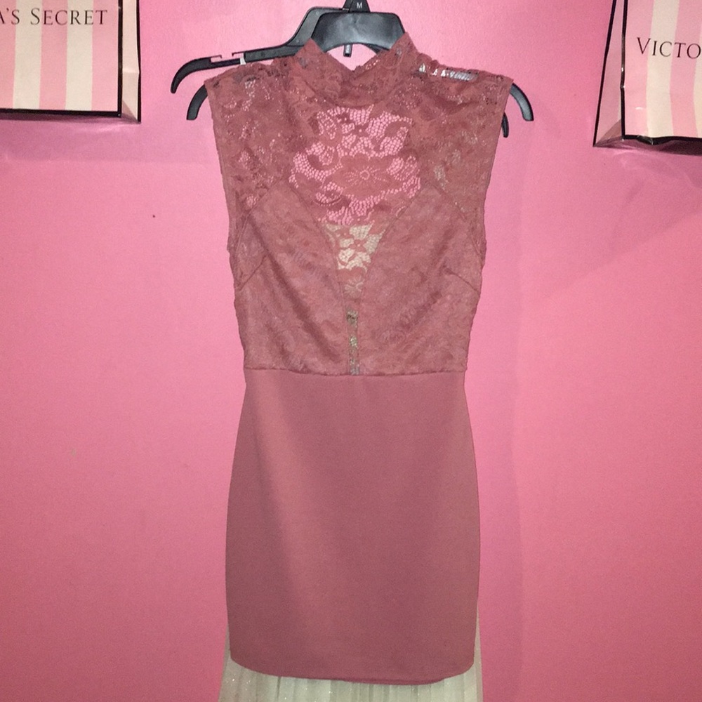 Pink/blush lace open back midi dress